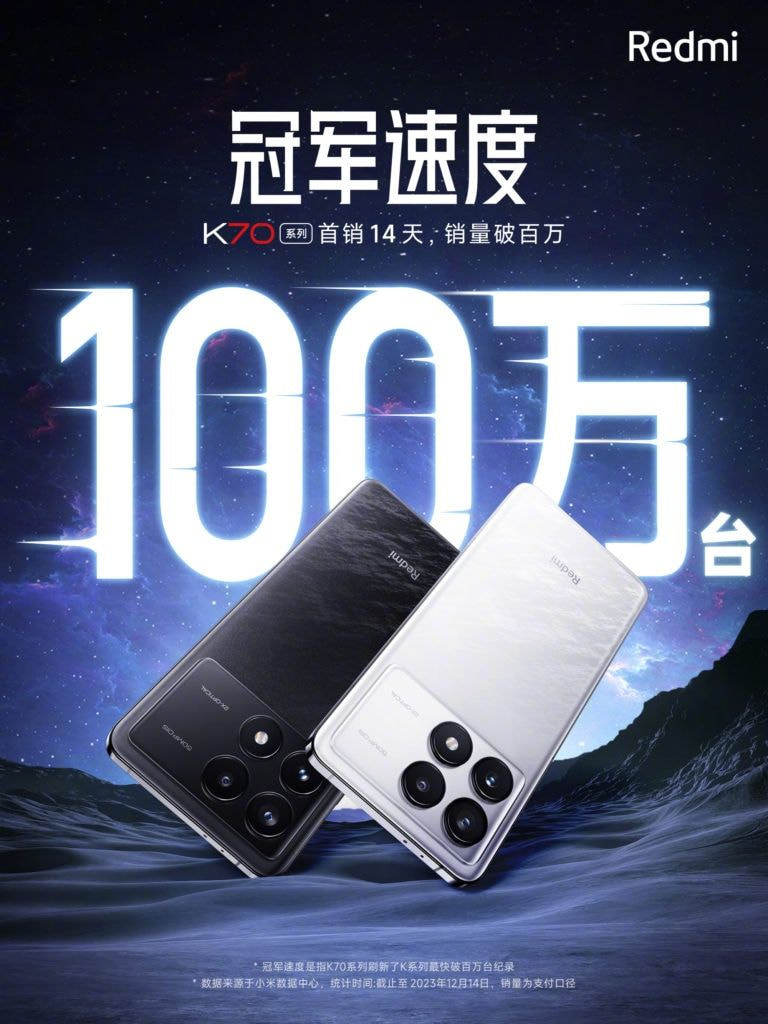 Redmi K70 series sells over 1 million units in 14 days, setting a new record
